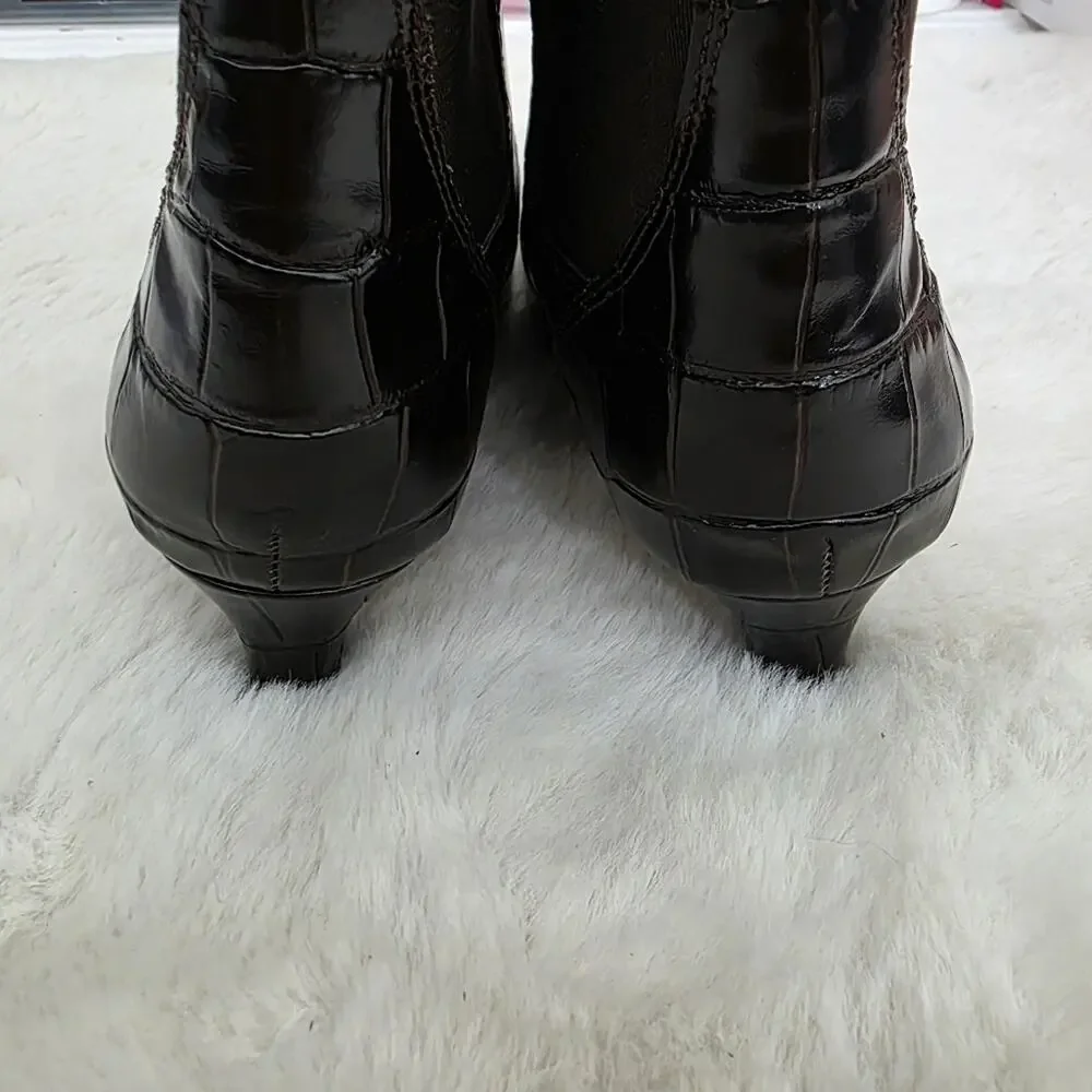 Madewell Dimes Coffee Bean Brown Croc Leather Chelsea Boot Kitten Heel Boots 8